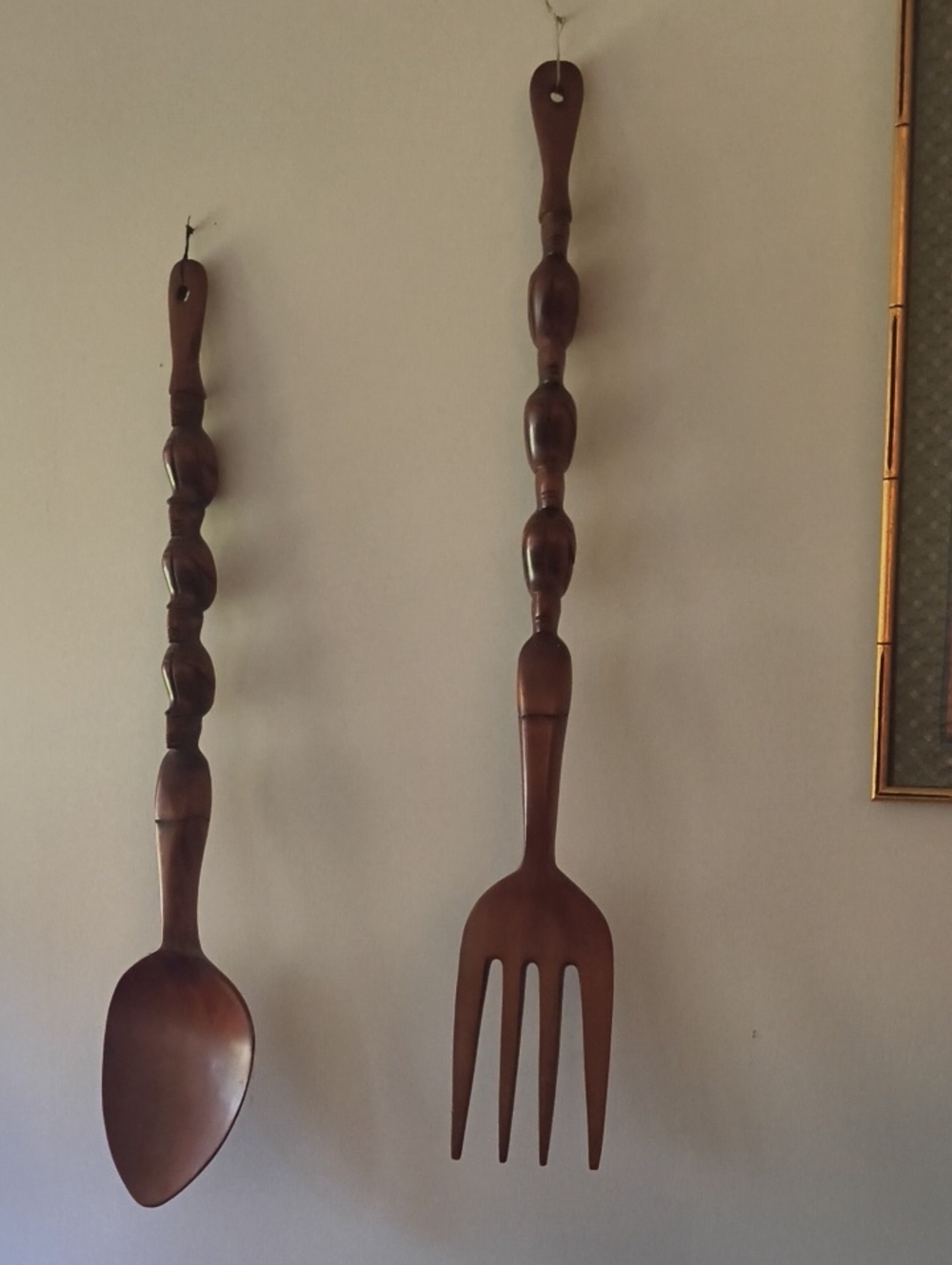 Handcarved 36" Brown Wooden Serving Spoon and Fork Wall Decor Vintage